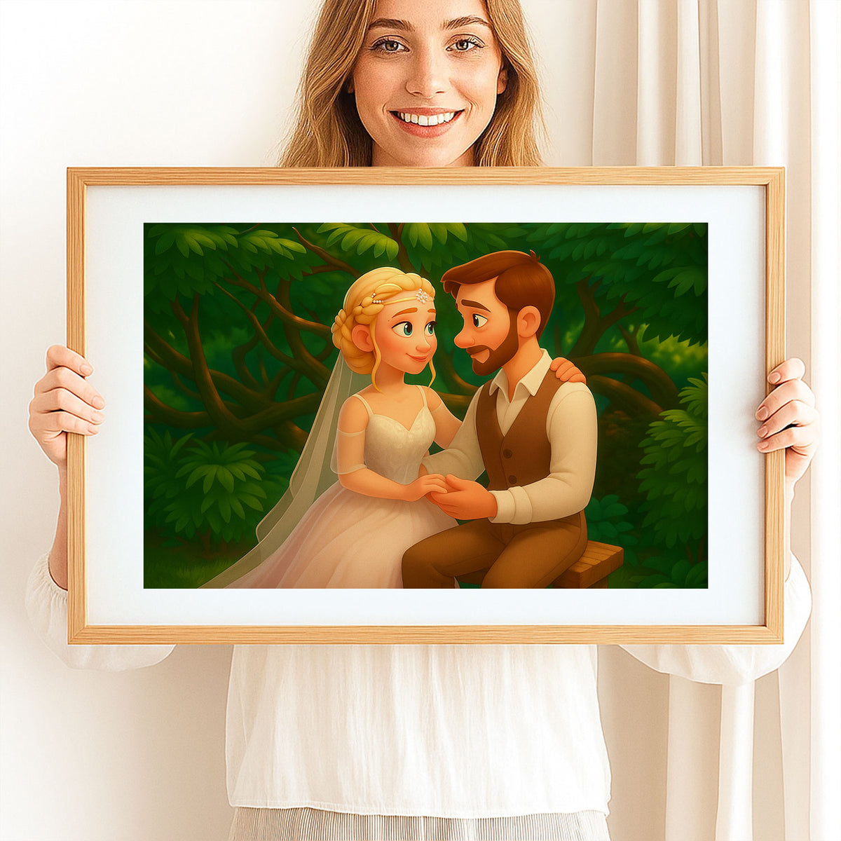 Whimsical Disney-Inspired Wedding Art Print of Loving Couple in Romantic Setting
 - 2