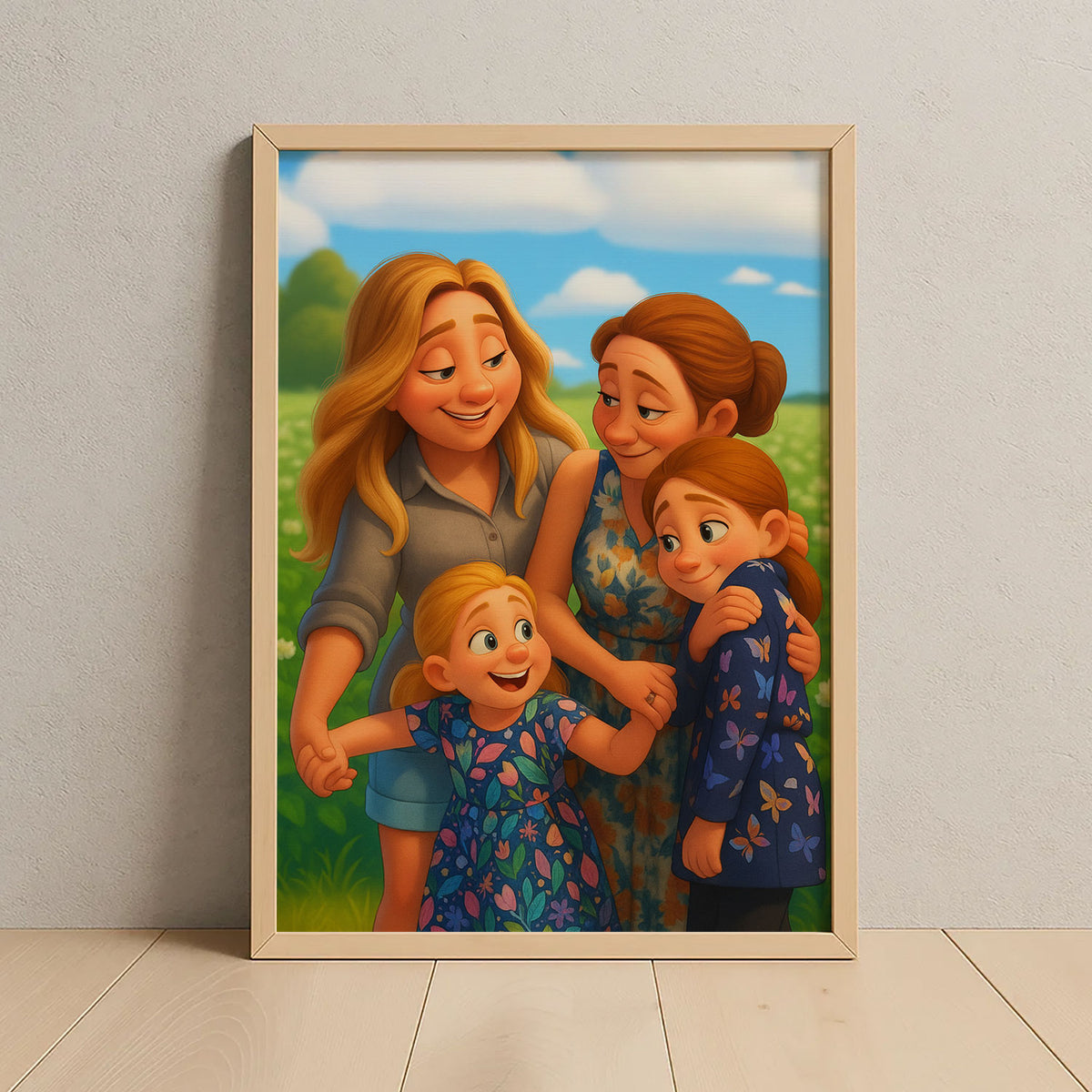 Charming Mother-Daughter Cartoon Art Print: Whimsical Illustration for Family Decor
 - 2