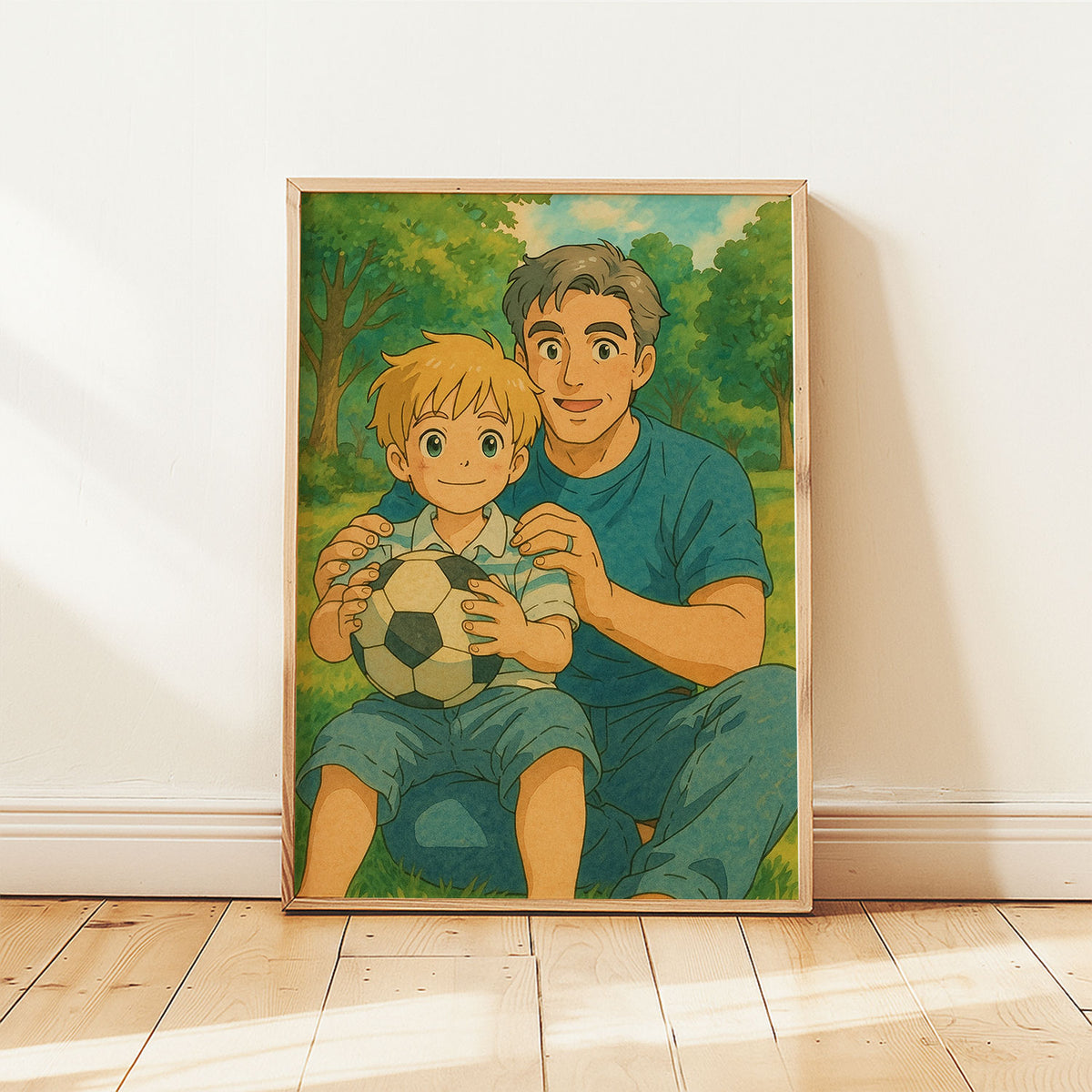 Charming Cartoon Style Artwork of Father and Son Enjoying Nature - Perfect for Family and Kids&#39; Room Decor
 - 2