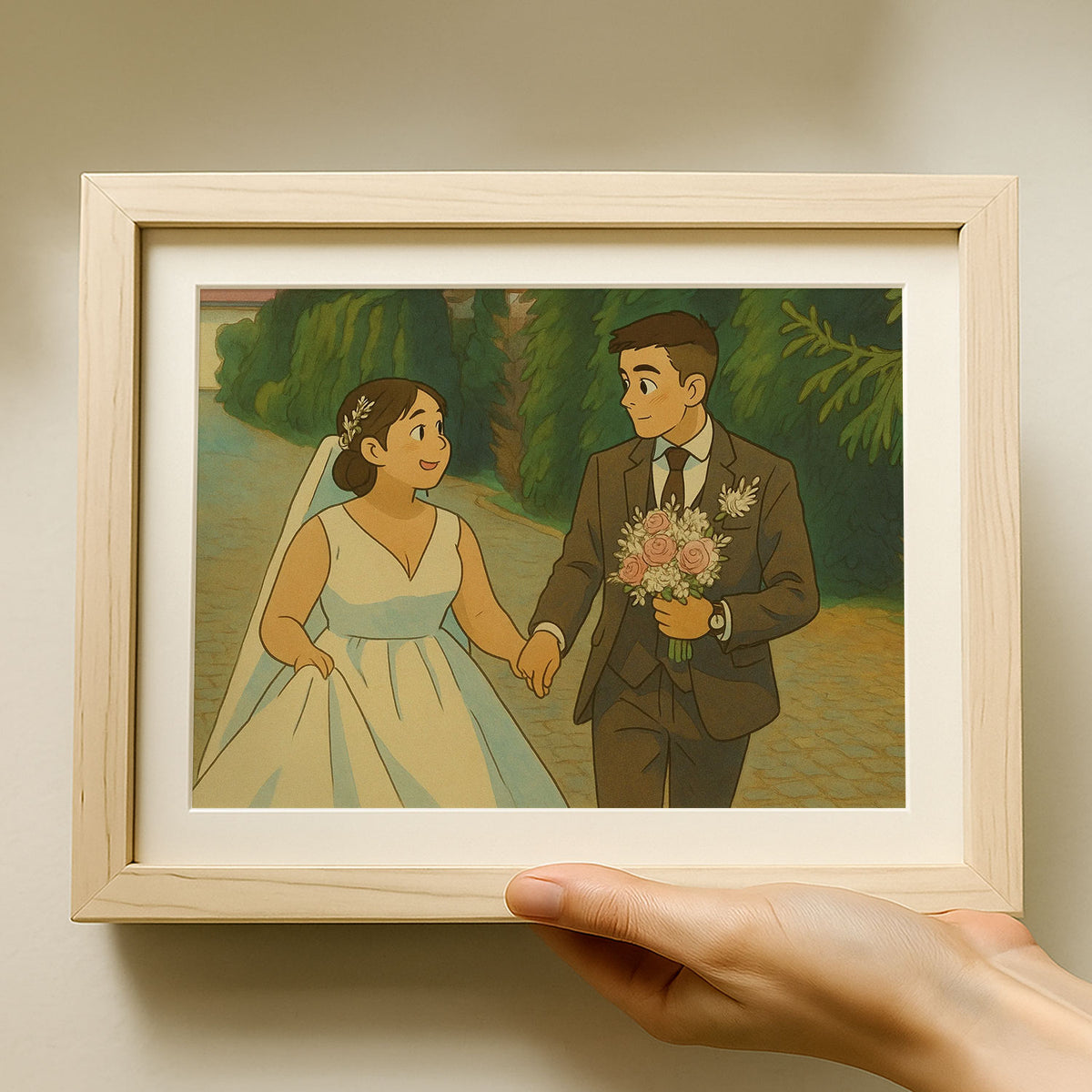Romantic Wedding Kiss Art Print: Whimsical Couple Embrace in Soft Pastels - Perfect for Home Decor
 - 2