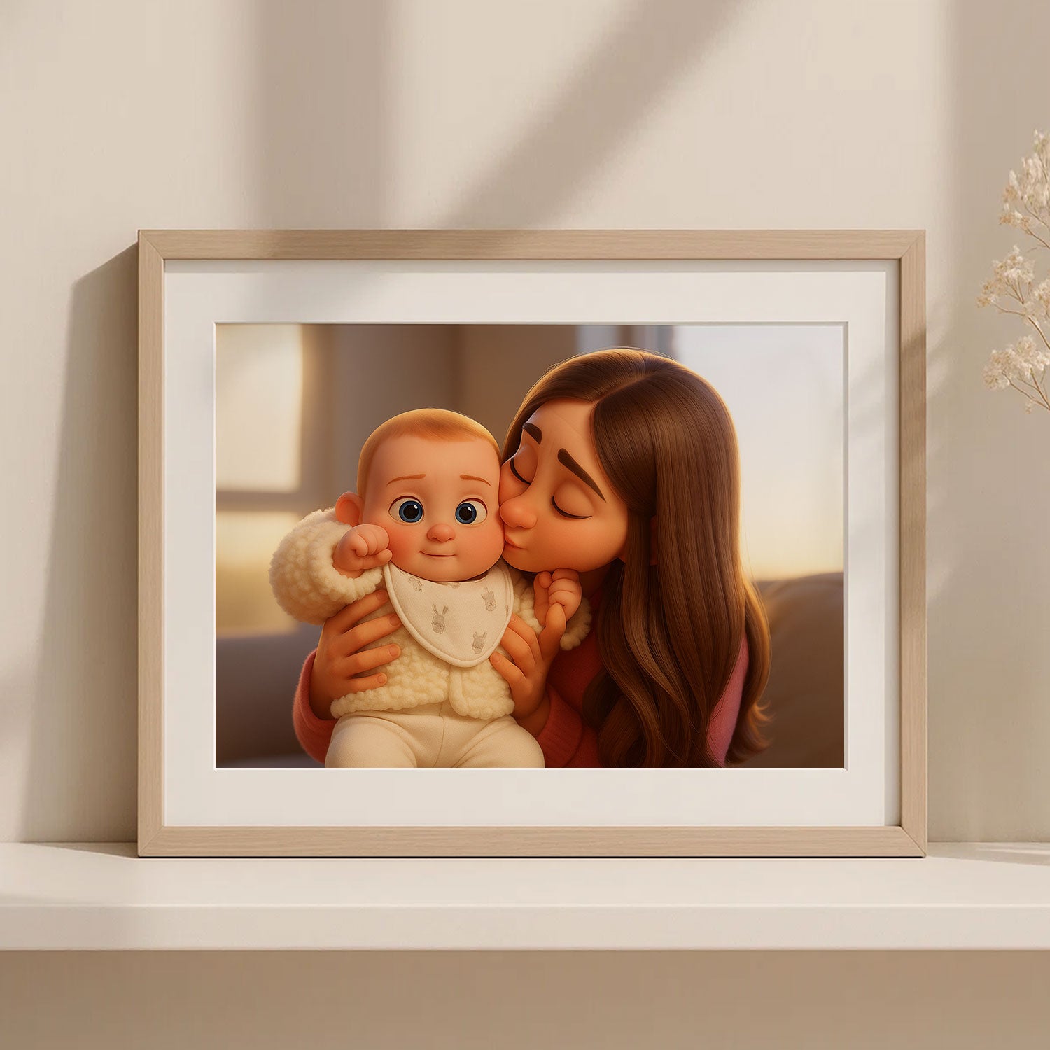 Heartwarming Illustrated Print of a Mother Kissing Her Baby – Charming Cartoon Style for Nursery Décor and Gift Ideas
 - 1