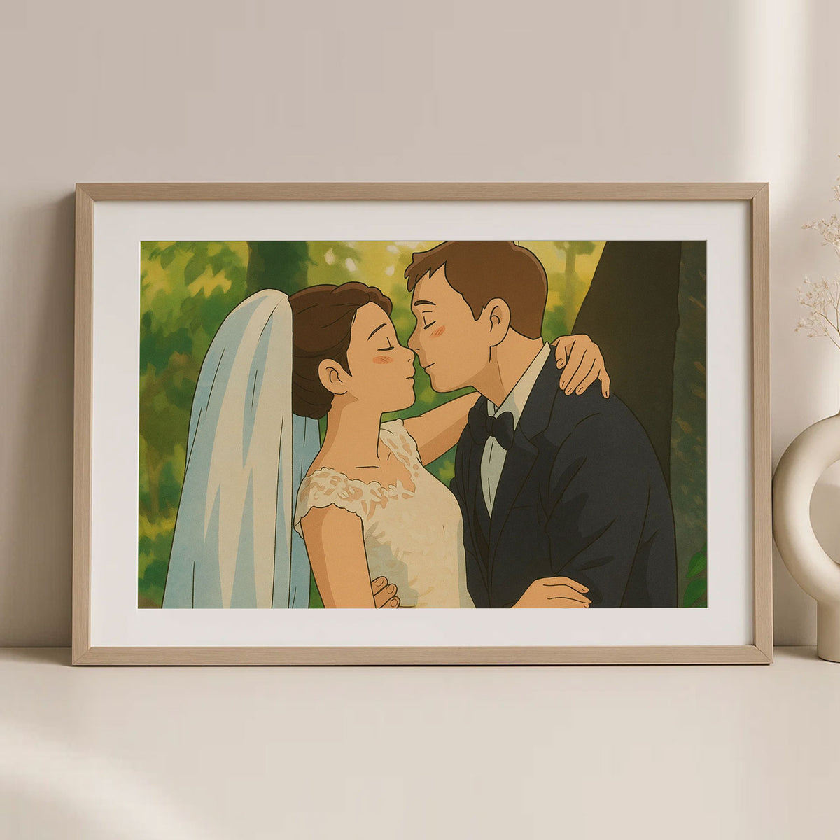 Whimsical Cartoon Wedding Kiss Art Print – Perfect Gift for Newlyweds and Couples
 - 2
