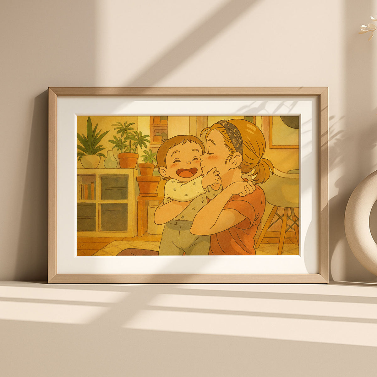 Heartwarming Illustration of a Mother Embracing Her Baby - Cozy Home Decor Art Print in Smooth Cartoon Style
 - 2