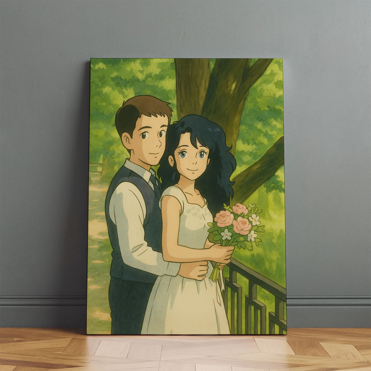 Charming Romantic Scene: Animated Wedding Couple Painting in Lush Nature Setting
 - 2