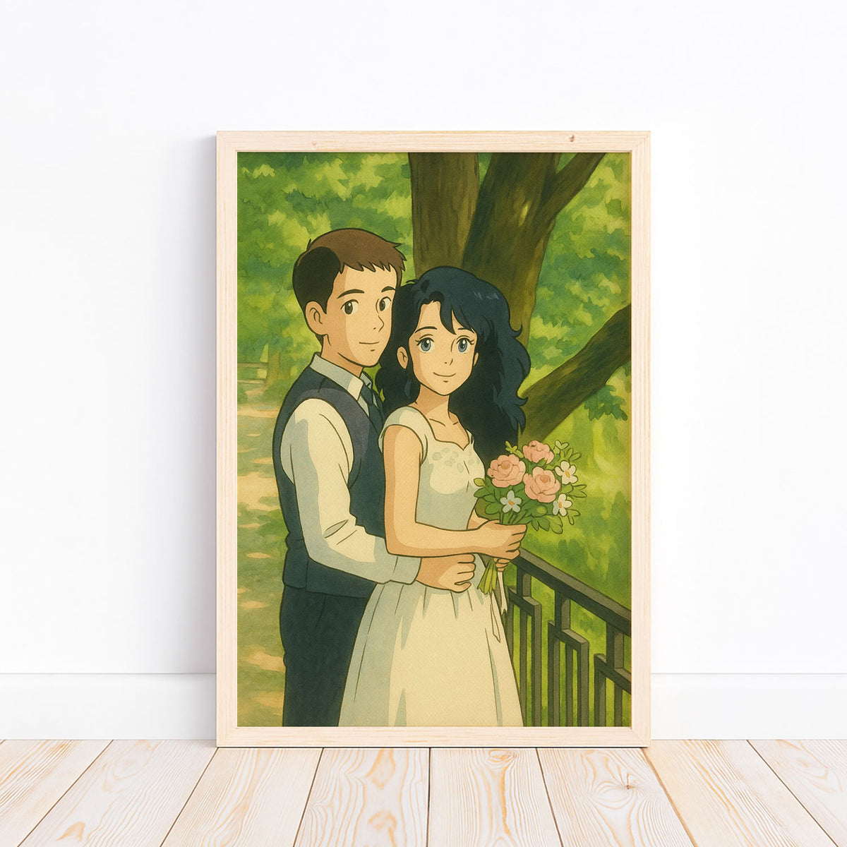 Charming Illustrated Wedding Portrait: Couple Embracing in Lush Greenery – Perfect for Home Decor and Gifts
 - 1