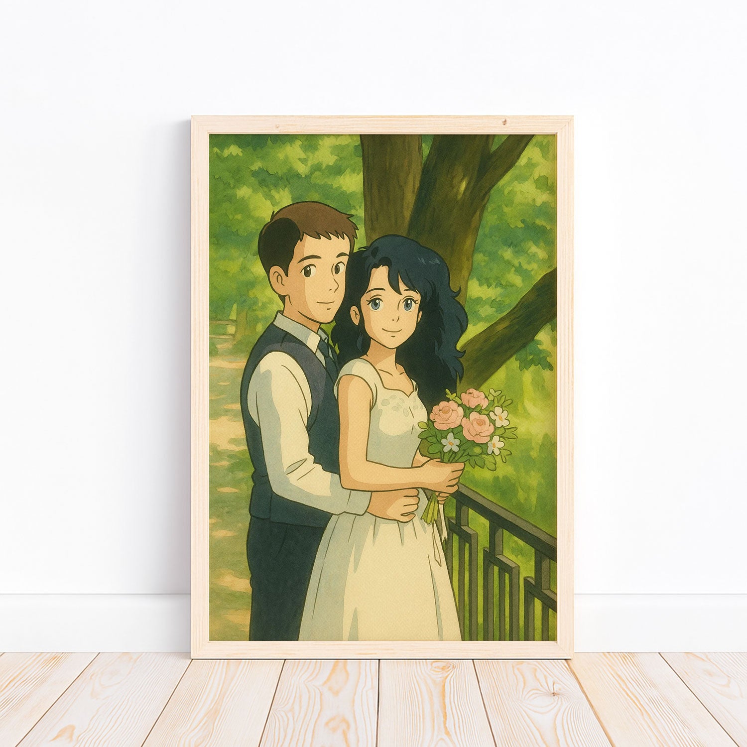 Charming Illustrated Wedding Portrait: Couple Embracing in Lush Greenery – Perfect for Home Decor and Gifts
 - 1