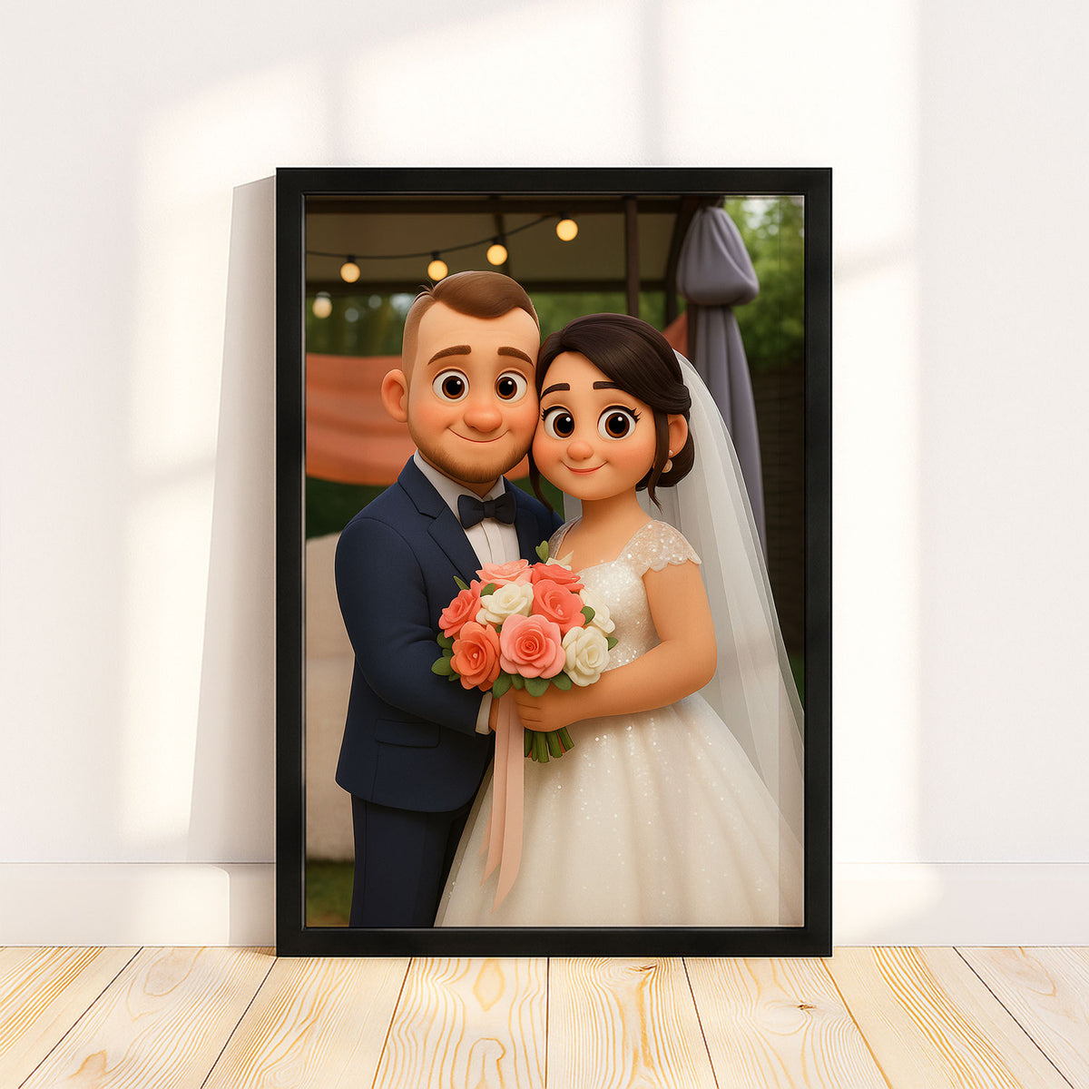 Whimsical Wedding Portrait: Enchanting Couple in Romantic Animation Style with Floral Bouquet
 - 2