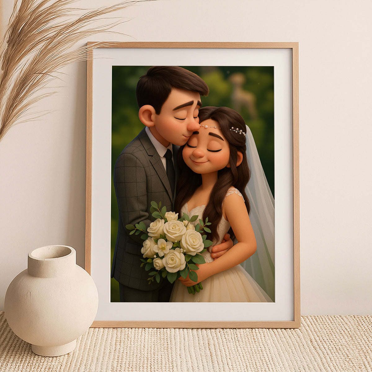 Charming Cartoon Wedding Art: Romantic Couple Portrait Perfect for Home Décor and Gifts
 - 2