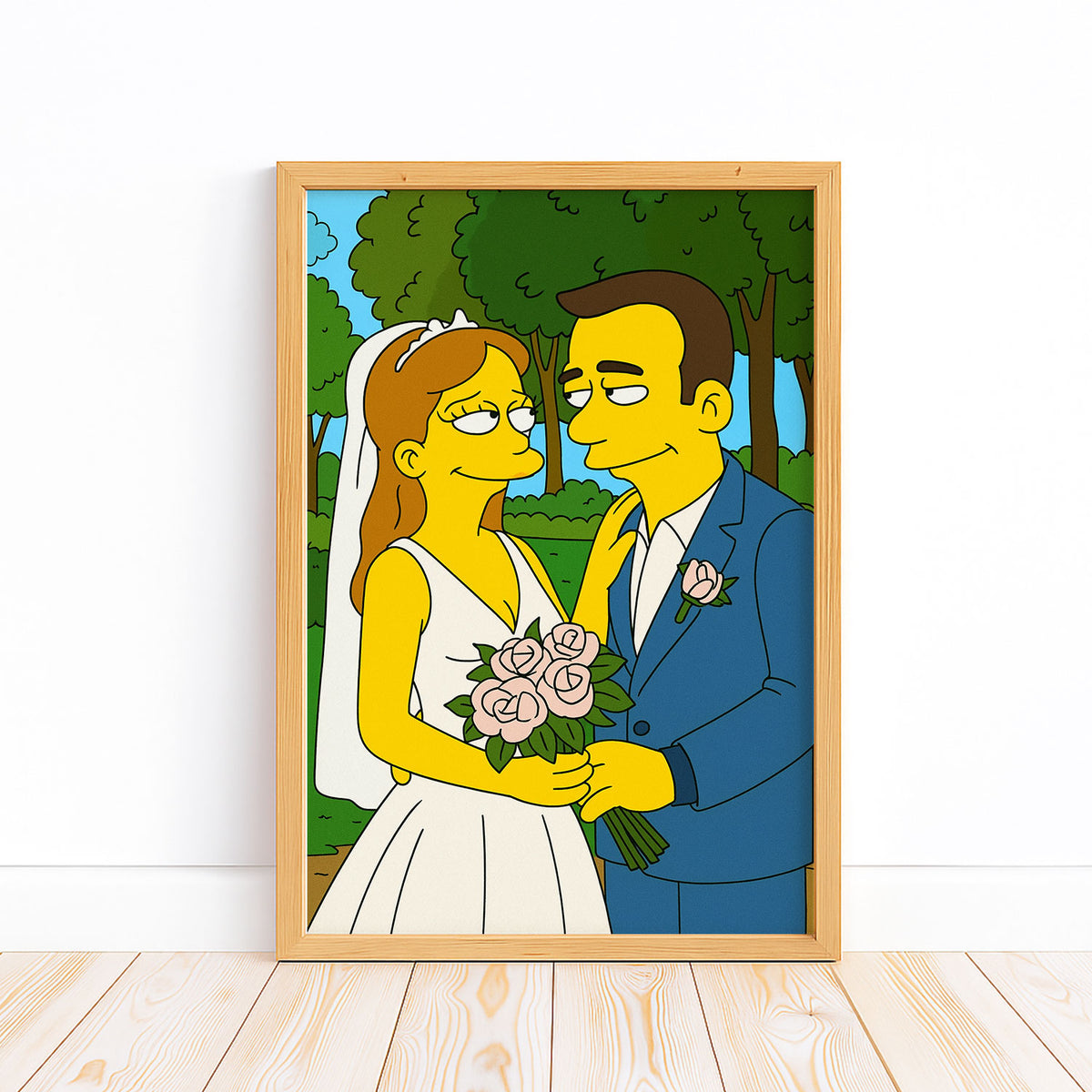 Whimsical Cartoon Wedding Art Print of Homer and Marge Simpson Kissing in Vibrant Colors
 - 2