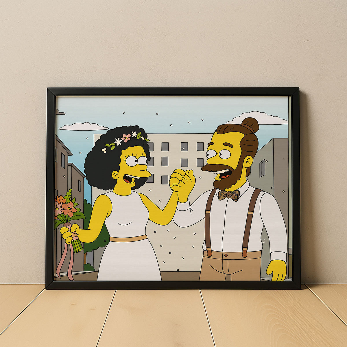 Whimsical Cartoon Wedding Art Print Featuring Homer and Marge in Iconic Simpsons Style
 - 2
