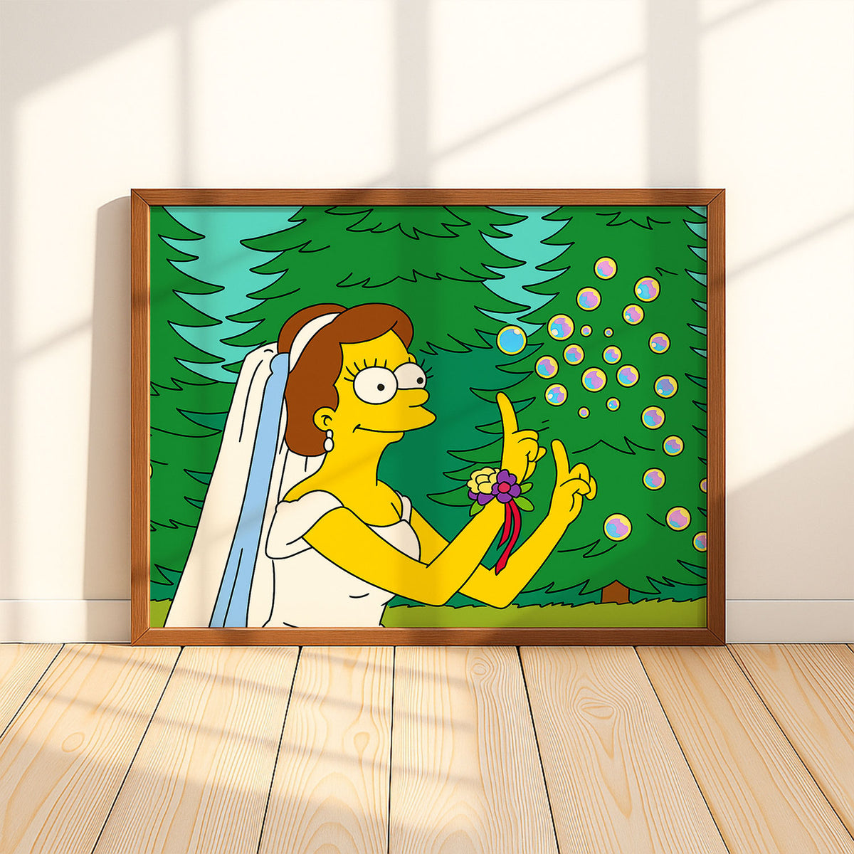 Charming Simpsons Wedding Art Print: Homer and Marge Celebrate Love in Vibrant Cartoon Style
 - 2