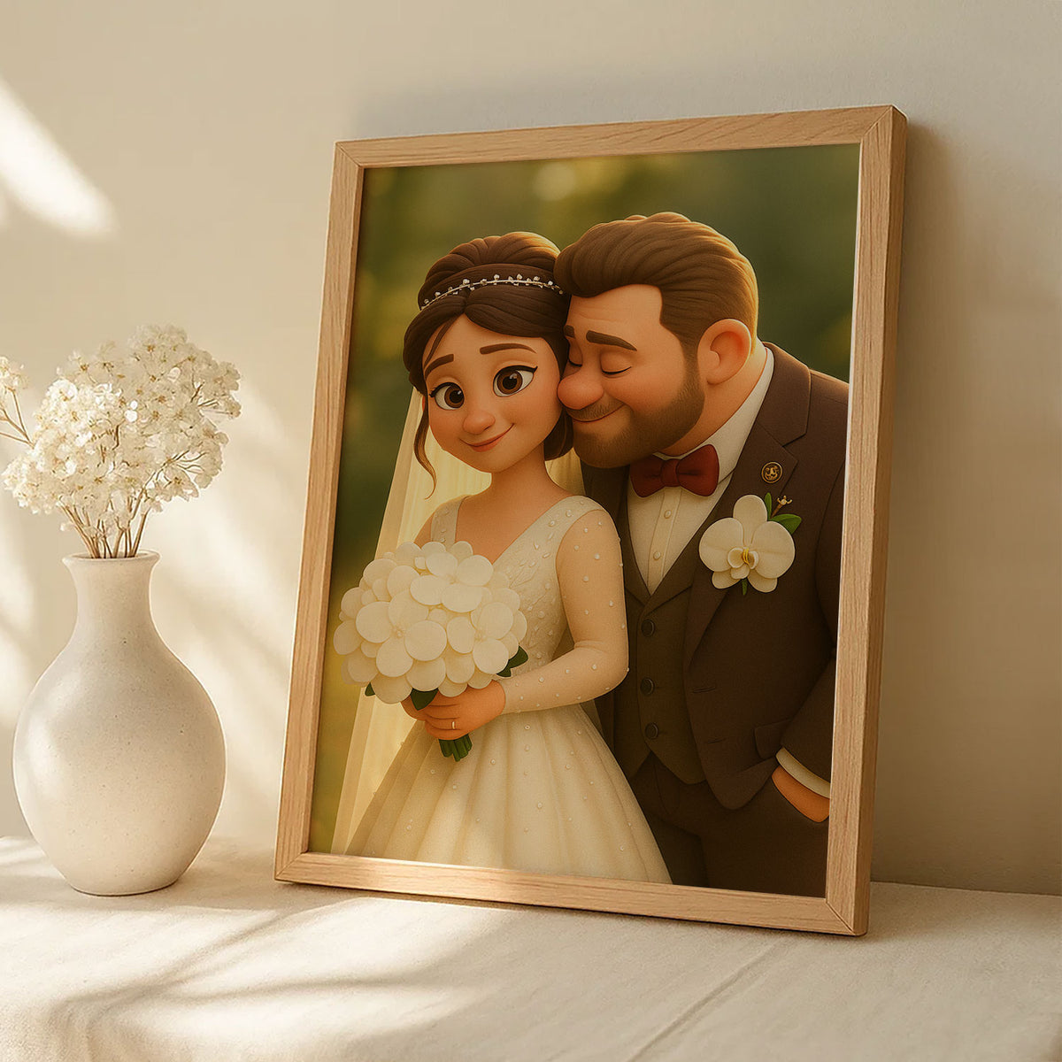 Charming Cartoon Wedding Portrait: Celebrate Love with Whimsical Art Style for Your Home Decor
 - 2