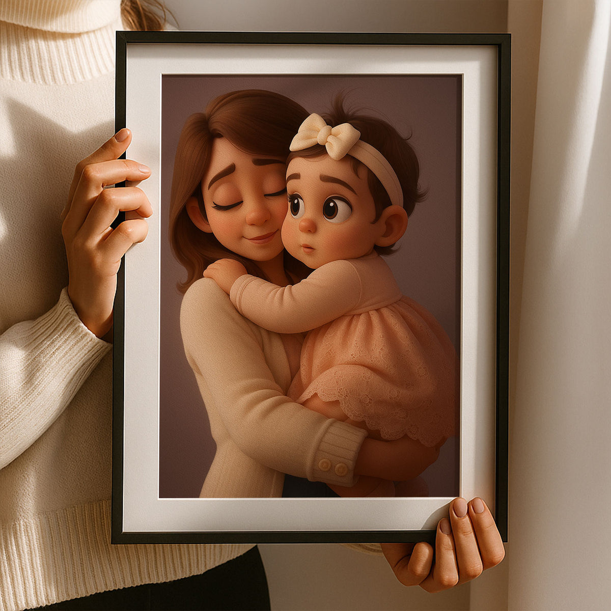 Beautiful Cartoon Art Print of a Loving Mom Embracing Her Baby – Perfect for Nursery Decor and Family Love Inspiration
 - 2