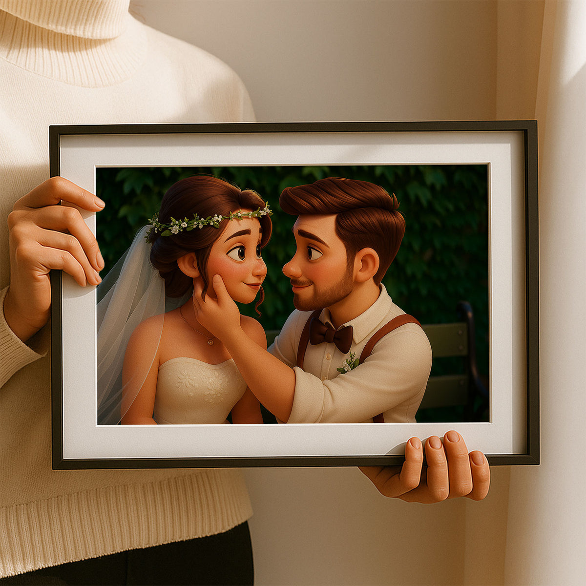 Charming Animated Wedding Portrait: Romantic Couple in Lush Greenery
 - 2