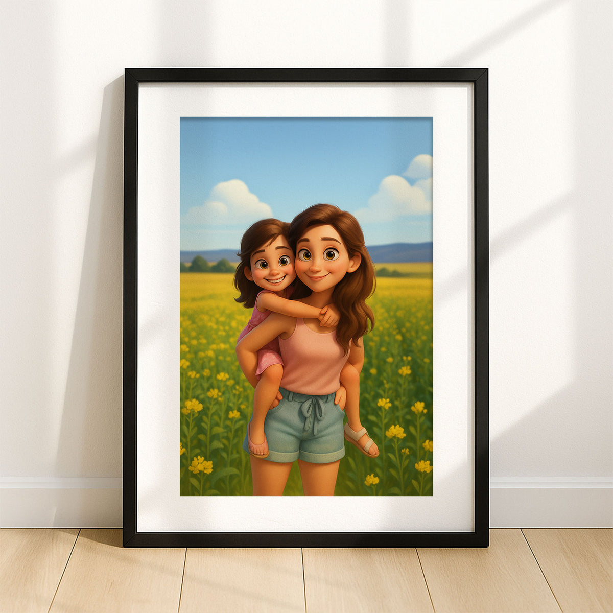 Heartwarming Mother-Daughter Portrait in Vibrant Cartoon Style | Perfect Wall Art for Family Spaces
 - 2
