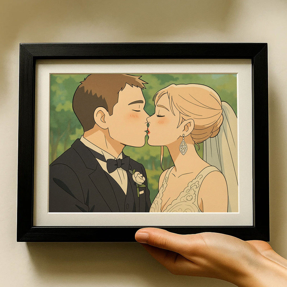 Charming Cartoon Wedding Art Print: Joyful Couple in Love Walking Together
 - 2