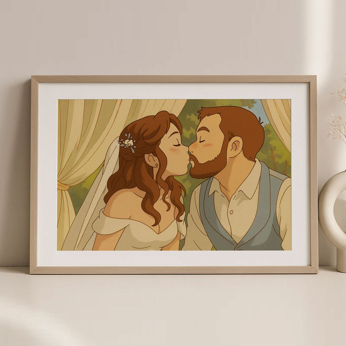 Charming Wedding Kiss Art Print - Romantic Cartoon Style Love Illustration for Your Home Decor
 - 2