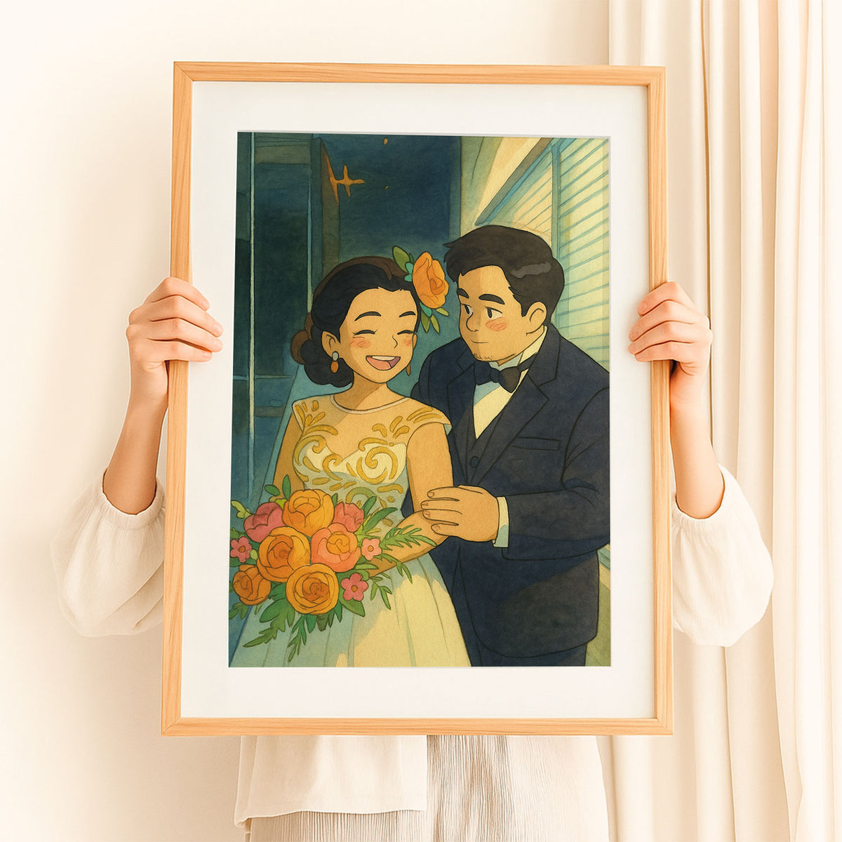Charming Anime Wedding Portrait: Delightful Couple Illustration in Soft Colors and Joyful Style
 - 2