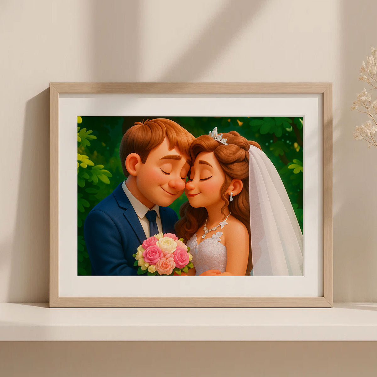 Charming Cartoon Wedding Portrait of Happy Couple - Whimsical Art for Love Celebrations
 - 2