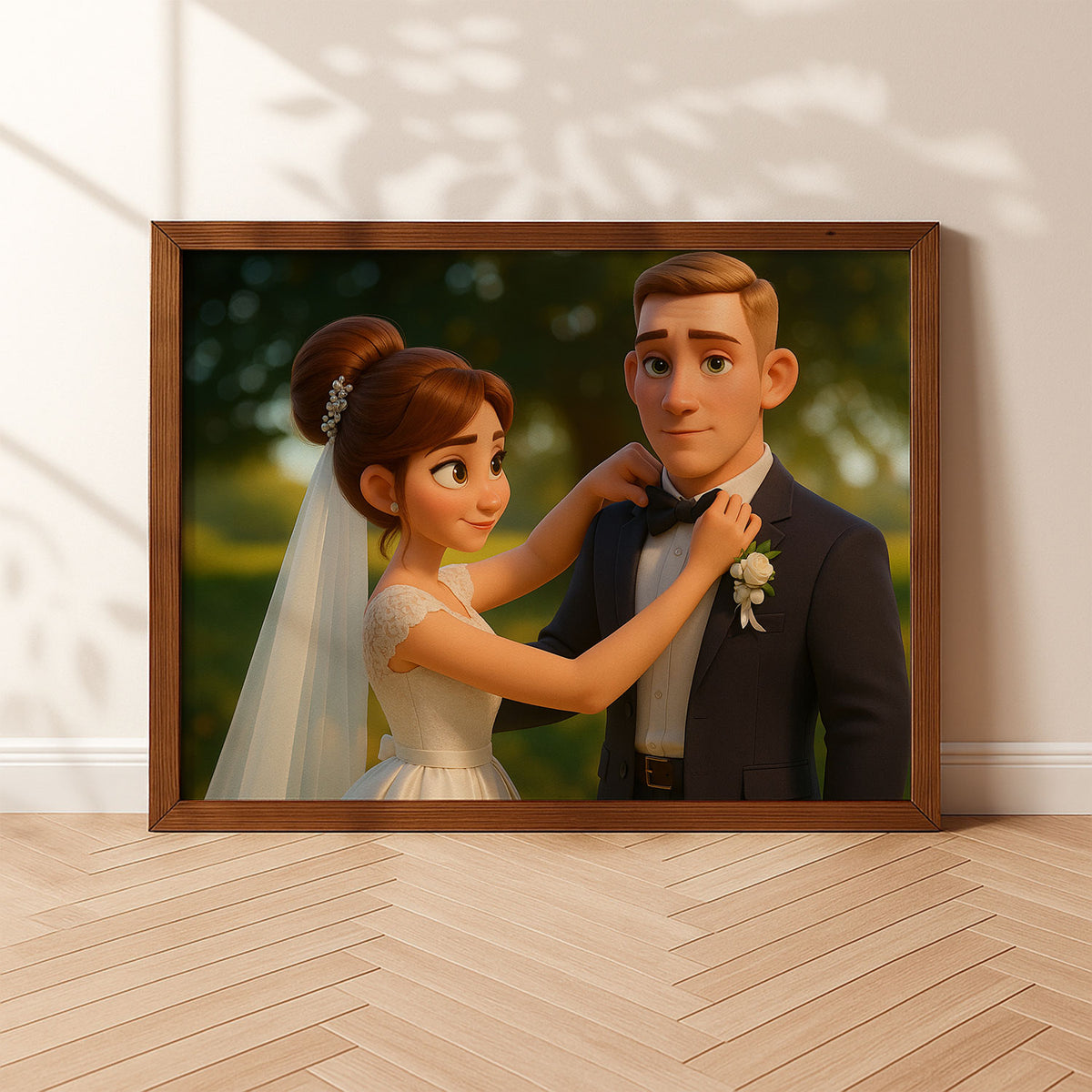 Charming Cartoon Wedding Portrait of a Bride and Groom in a Lush Forest Setting
 - 2