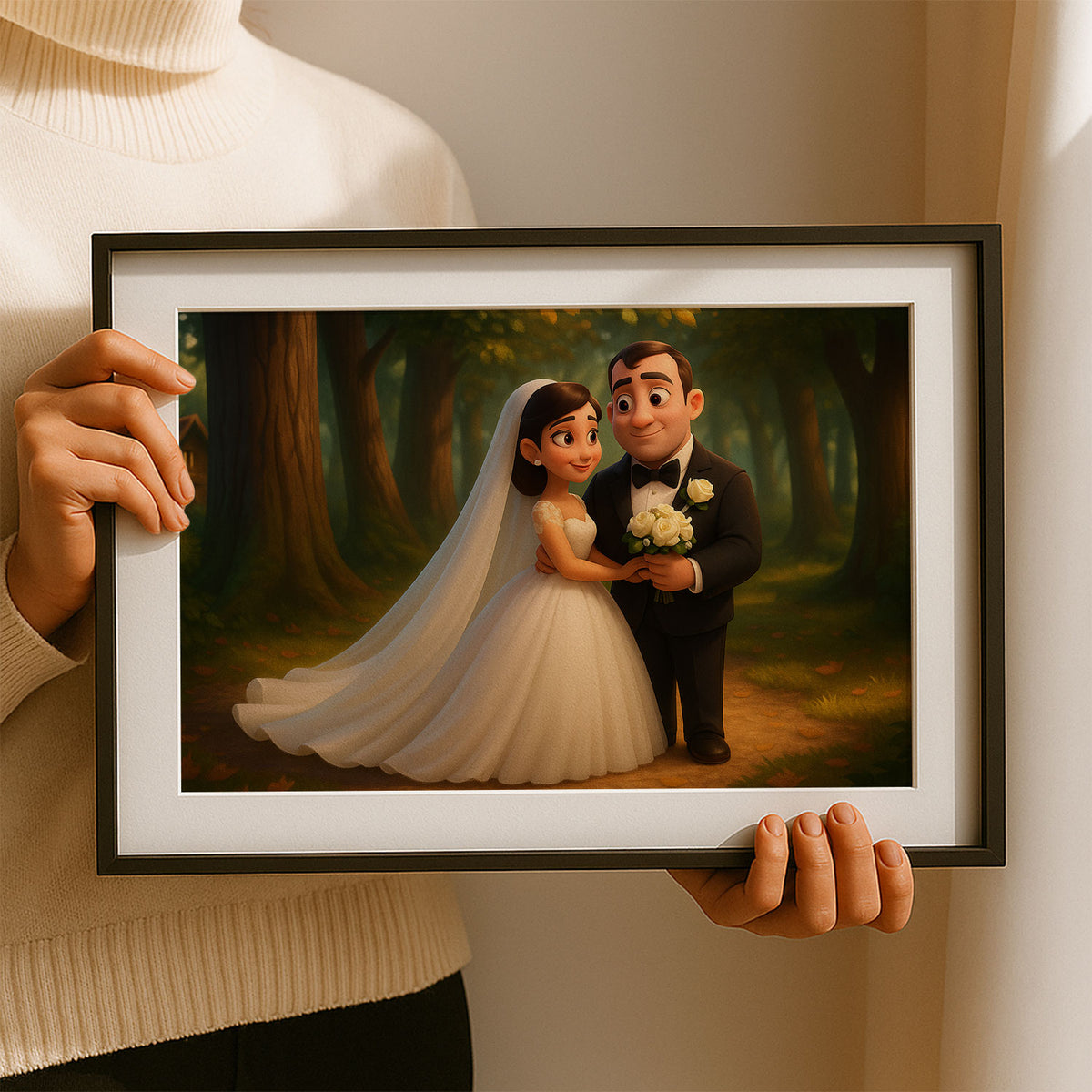 Charming Cartoon Wedding Portrait of a Bride and Groom in a Beautiful Forest Setting - Perfect for Home Decor
 - 2