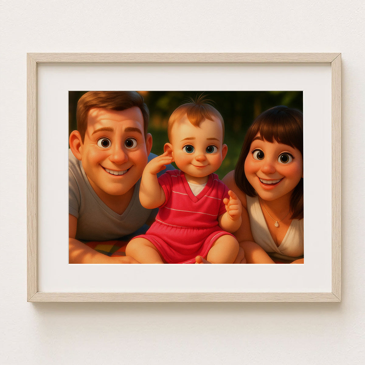 Charming Family Portrait: Heartwarming Cartoon Art of Parents with Baby in Vibrant Style for Modern Home Decor
 - 2