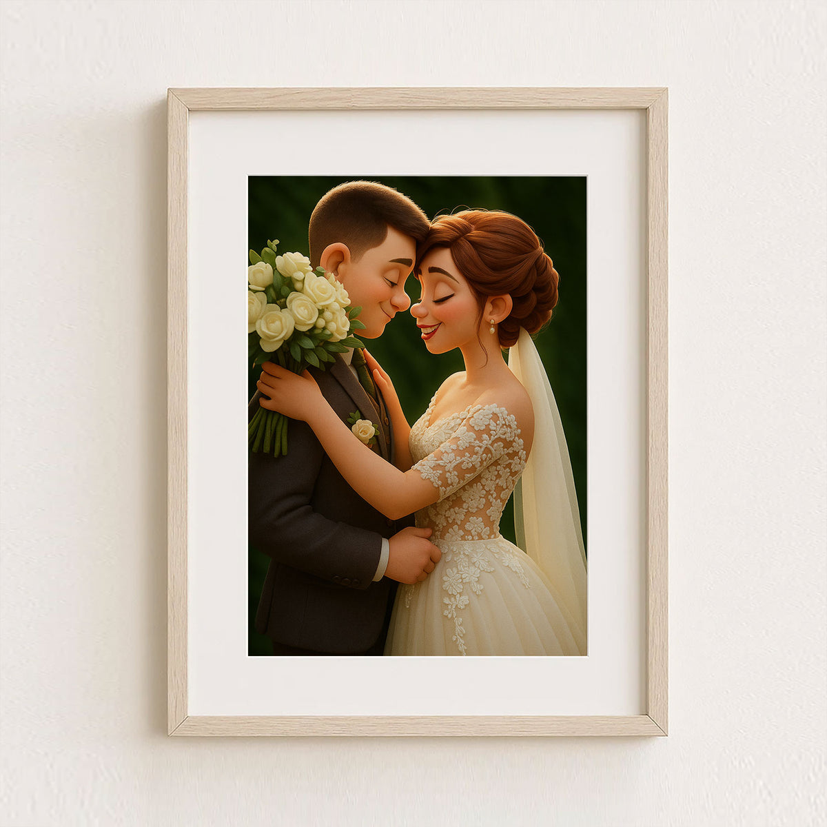 Whimsical Cartoon Wedding Portrait – Celebrate Love with a Charming Illustration of a Bride and Groom in a Joyful Embrace
 - 2