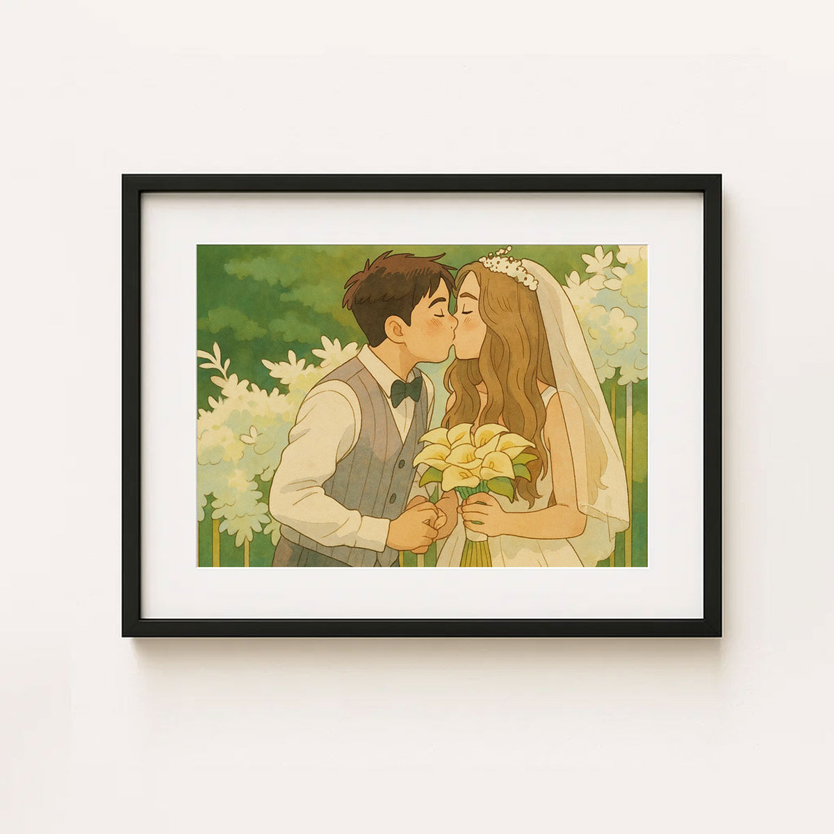 Charming Animated Wedding Couple Artwork - Whimsical Romance in Vibrant Garden Setting
 - 2