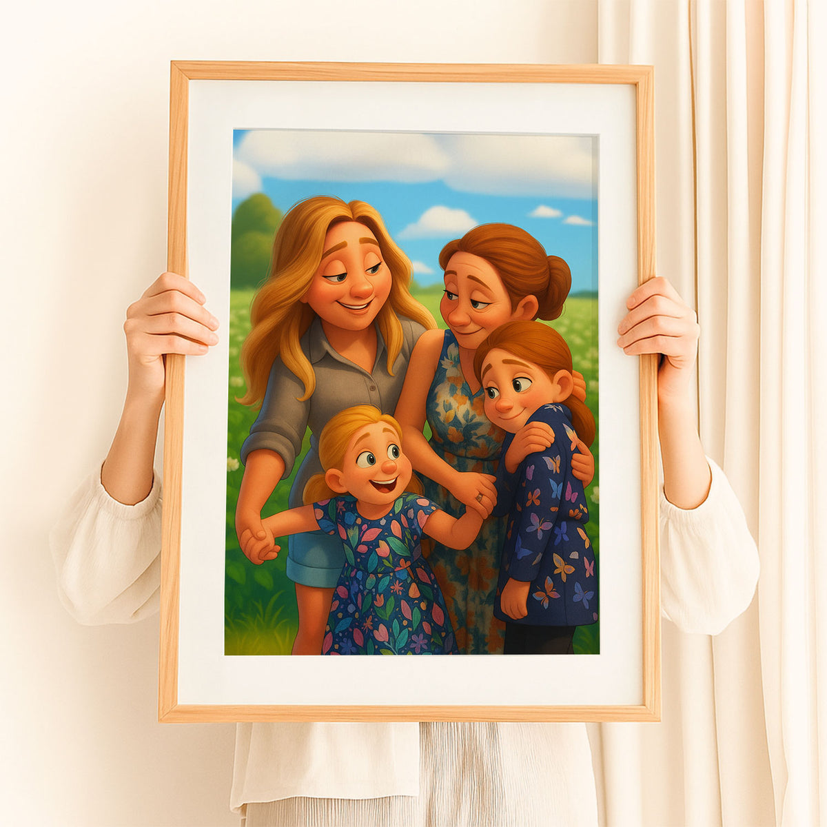 Charming Cartoon Family Portrait of Mother and Daughter Embracing in Joyful Moment
 - 2