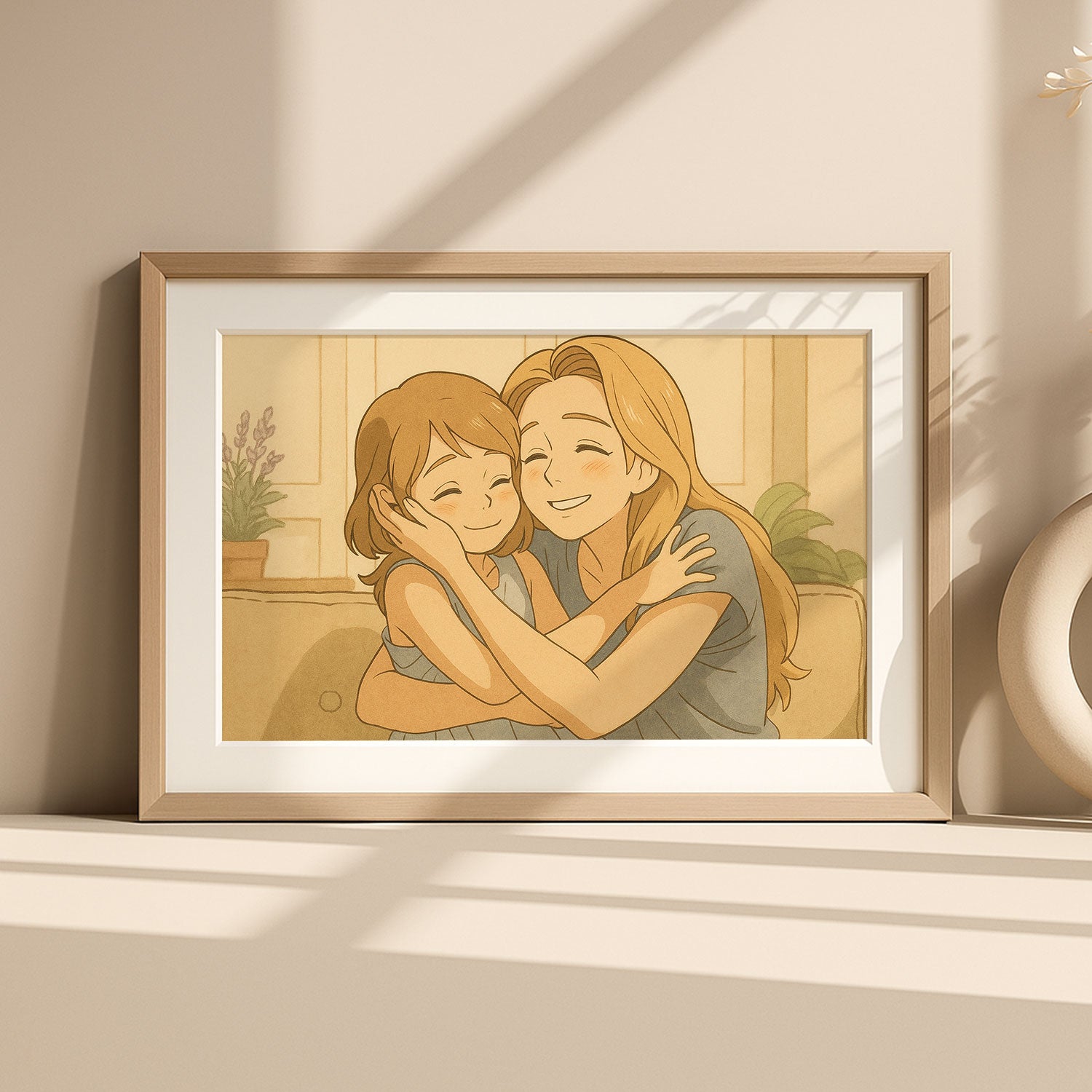 Heartwarming Mother-Daughter Bond: Cozy Cartoon Art Print for Family Love Decor
 - 1