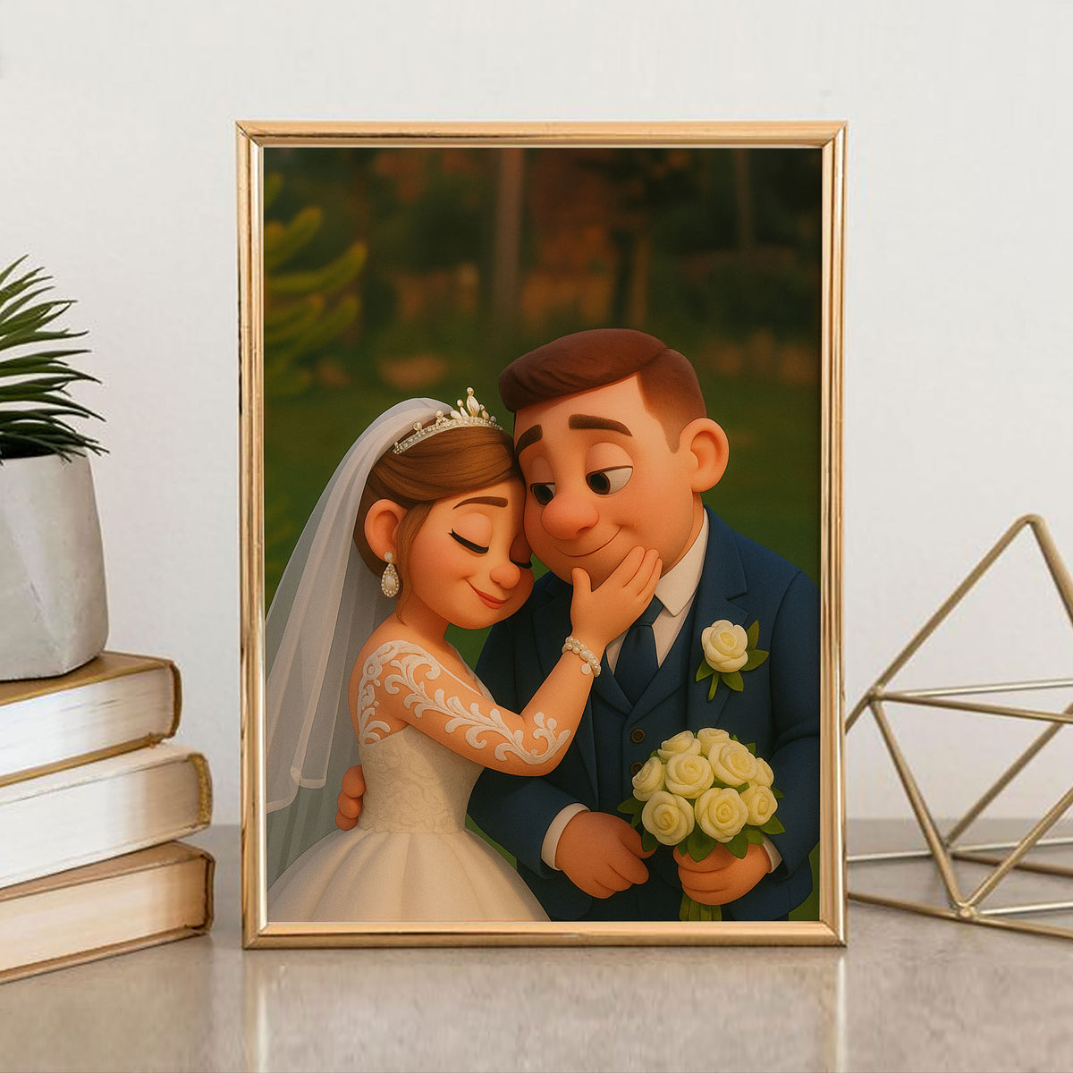 Charming Cartoon Wedding Portrait: Joyful Couple Embracing with Flowers in a Whimsical Art Style
 - 2