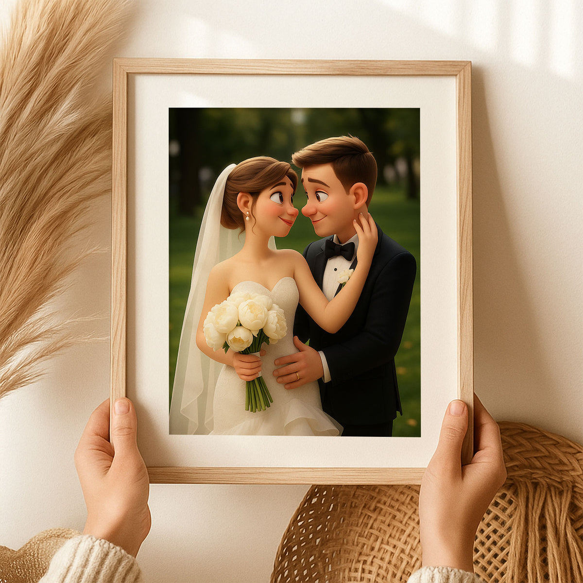 Charming Cartoon Wedding Portrait of a Happy Couple - Perfect Art for Home Decor and Wedding Memories
 - 2
