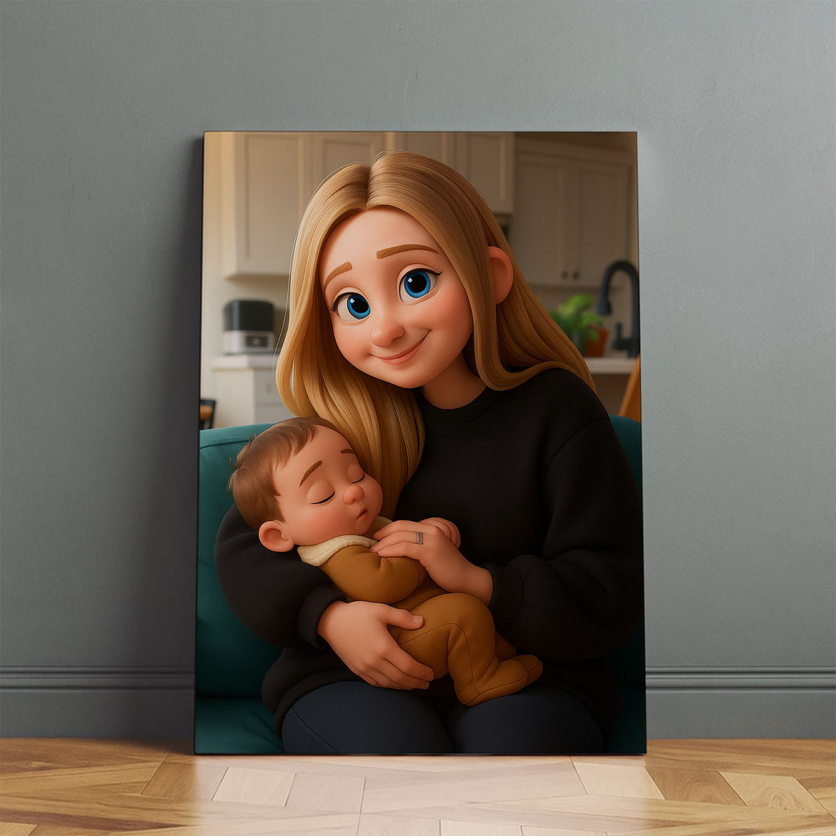 Heartwarming Cartoon Style Artwork of Mother Holding Sleeping Baby – Perfect Wall Decor for Nursery and Family Spaces
 - 2