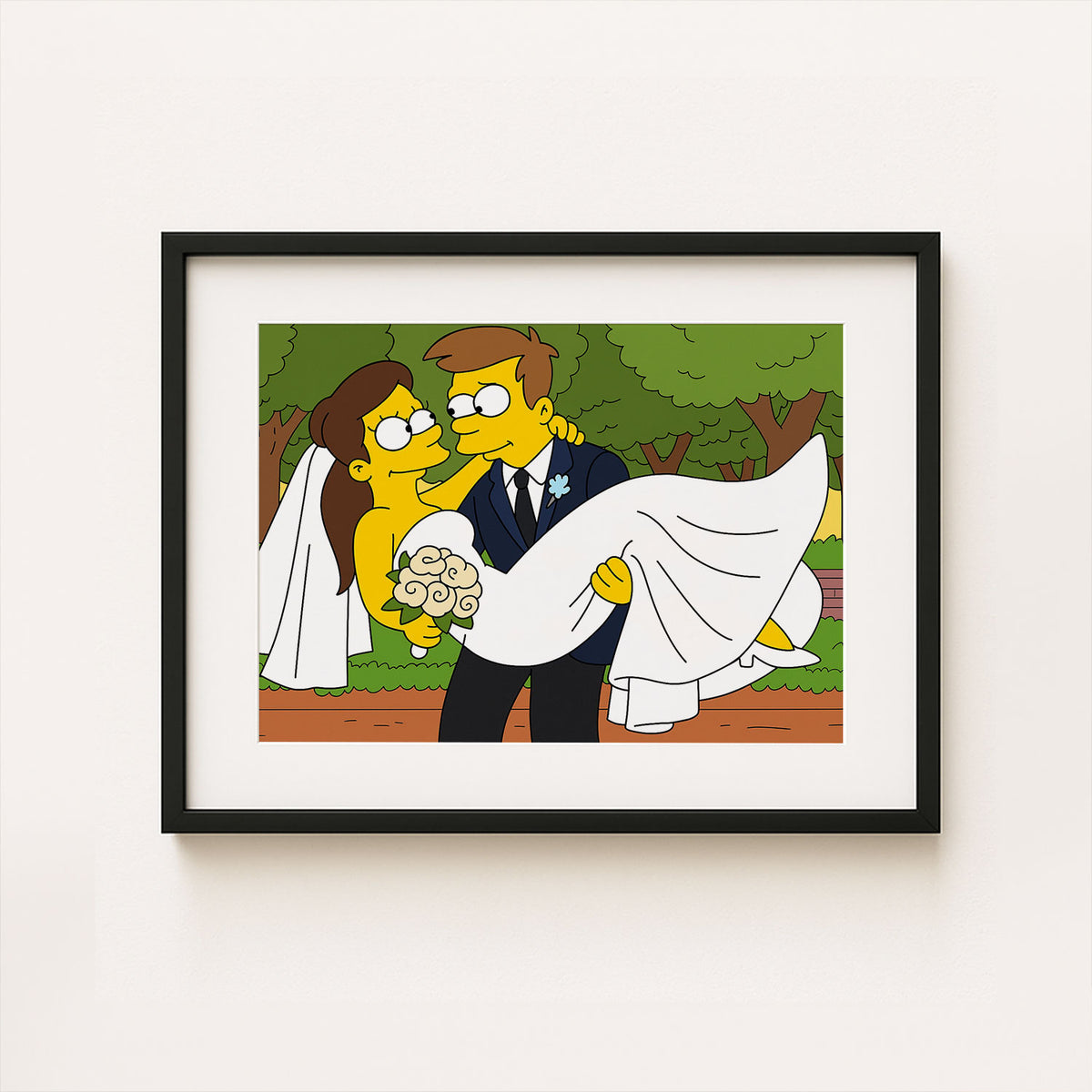 Whimsical Cartoon Wedding Art featuring Homer and Marge in Celebration - Simpsons-Inspired Marriage Scene Decor
 - 2