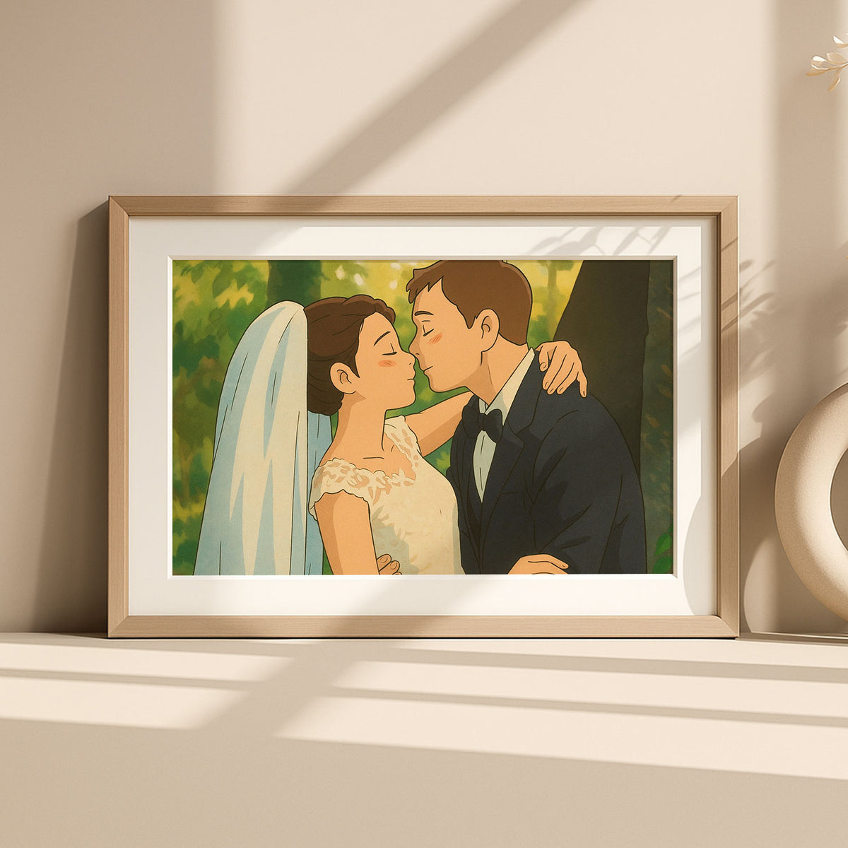 Charming Wedding Kiss Artwork - Romantic Cartoon Style Love Portrait for Special Moments
 - 2