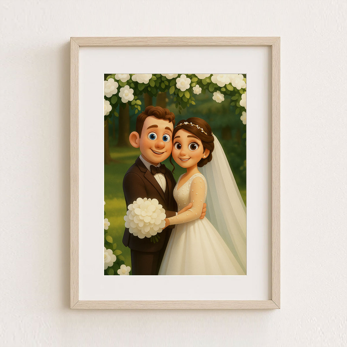 Charming Cartoon Wedding Art: Whimsical Illustration of Bride and Groom in Floral Setting
 - 2