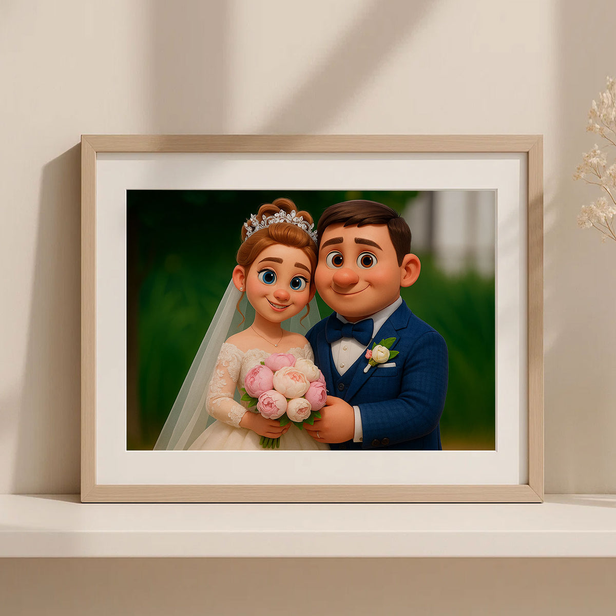 Charming Animated Wedding Portrait: Joyful Bride and Groom in Whimsical Illustration Style
 - 2