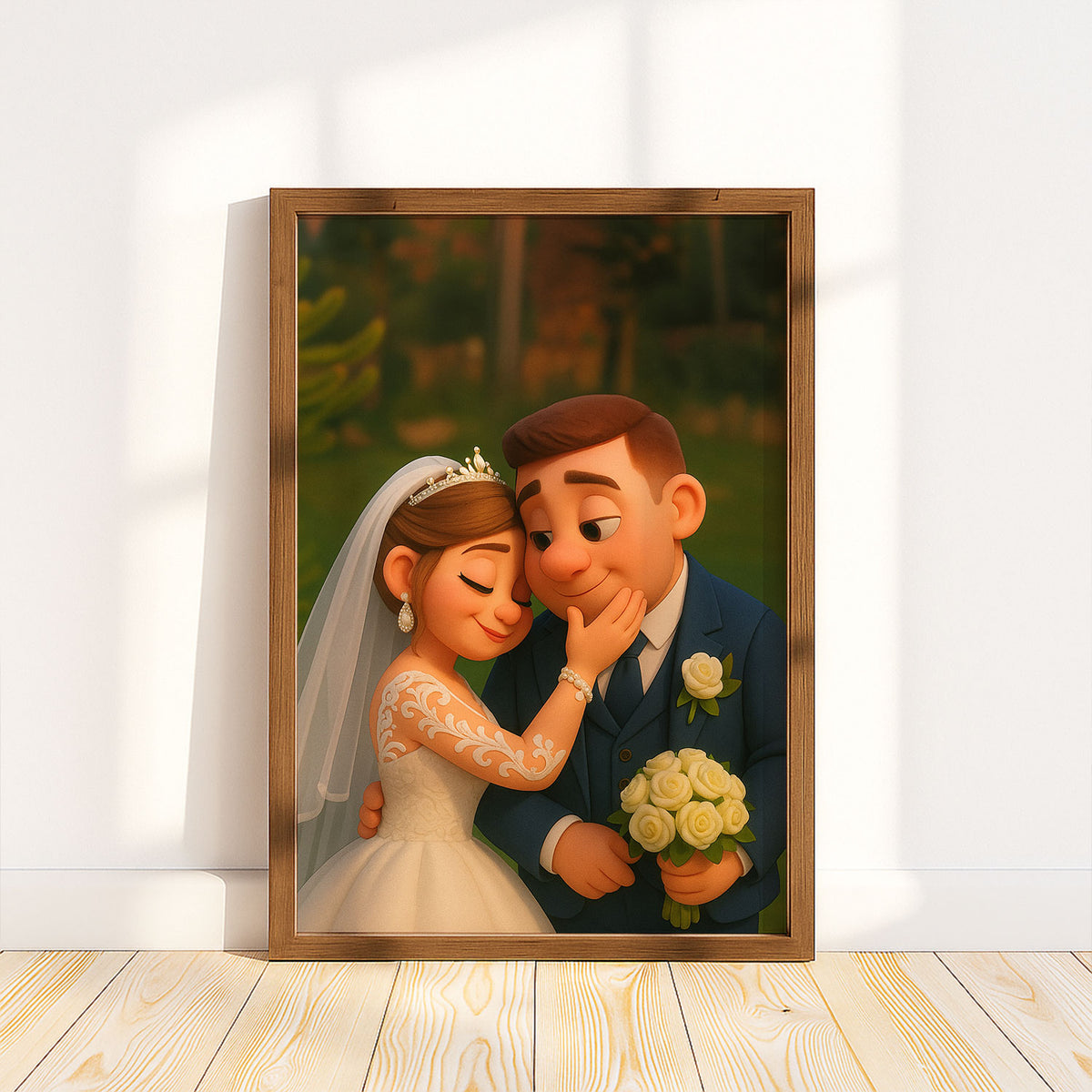 Whimsical Cartoon Wedding Portrait of Happy Couple in Nature - Perfect for Celebrating Love and Special Days
 - 2