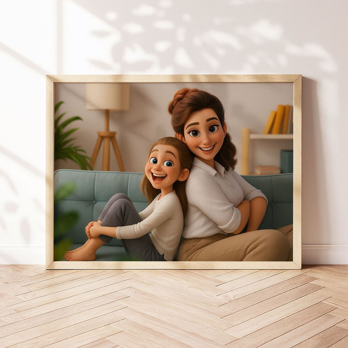 Charming Cartoon Portrait of Two Sisters Embracing: A Heartwarming Art Print for Family Love
 - 2