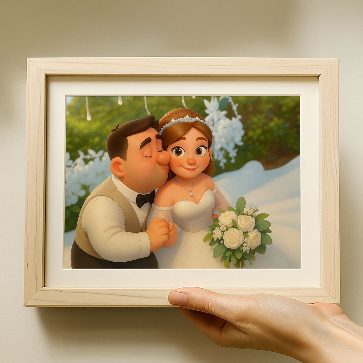 Charming Cartoon Wedding Portrait of Happy Couple in Vibrant Animation Style - Ideal for Home Decor
 - 2