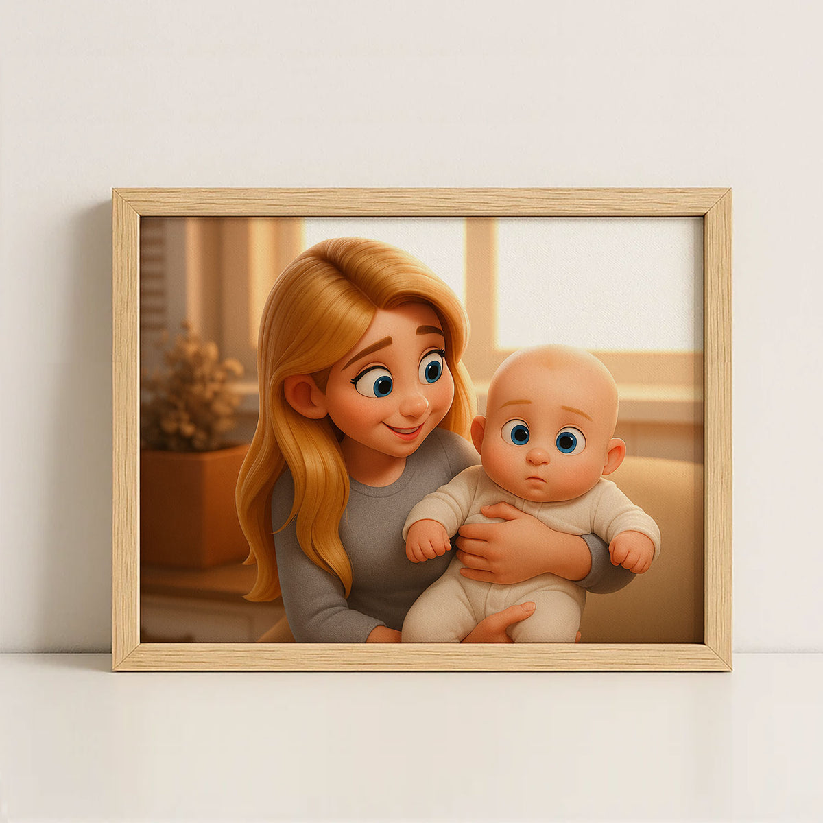 Heartwarming Mother and Baby Illustration: Adorable Family Portrait in Vibrant Cartoon Style, Perfect for Home Decor and Gifts
 - 2