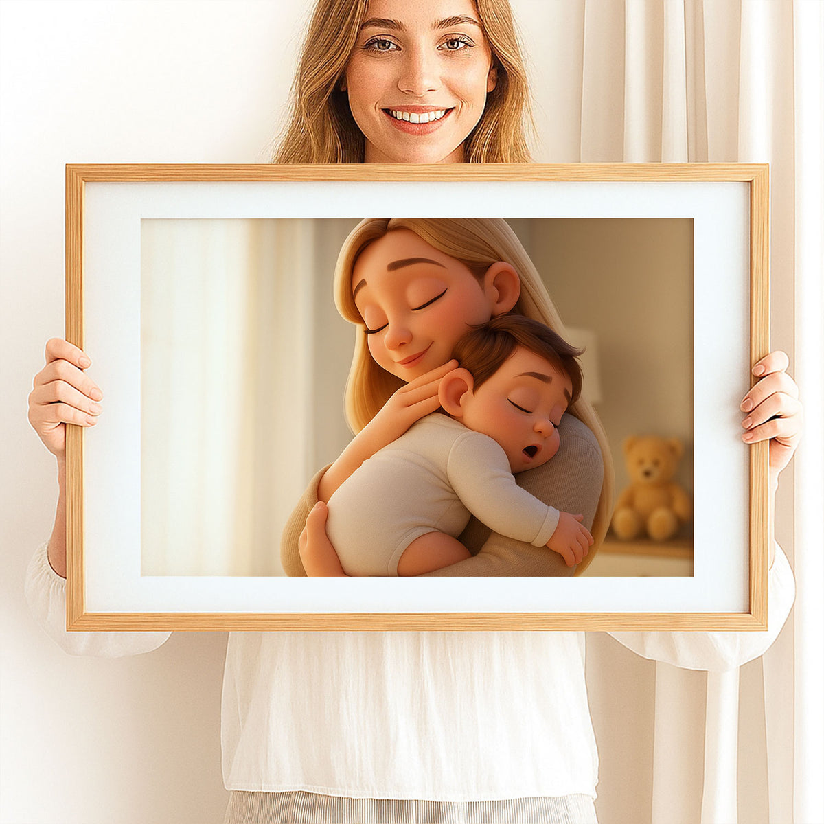 Heartwarming Cartoon Art Print of a Loving Mother Kissing Her Baby – Perfect Nursery Decor for a Cozy Home
 - 2