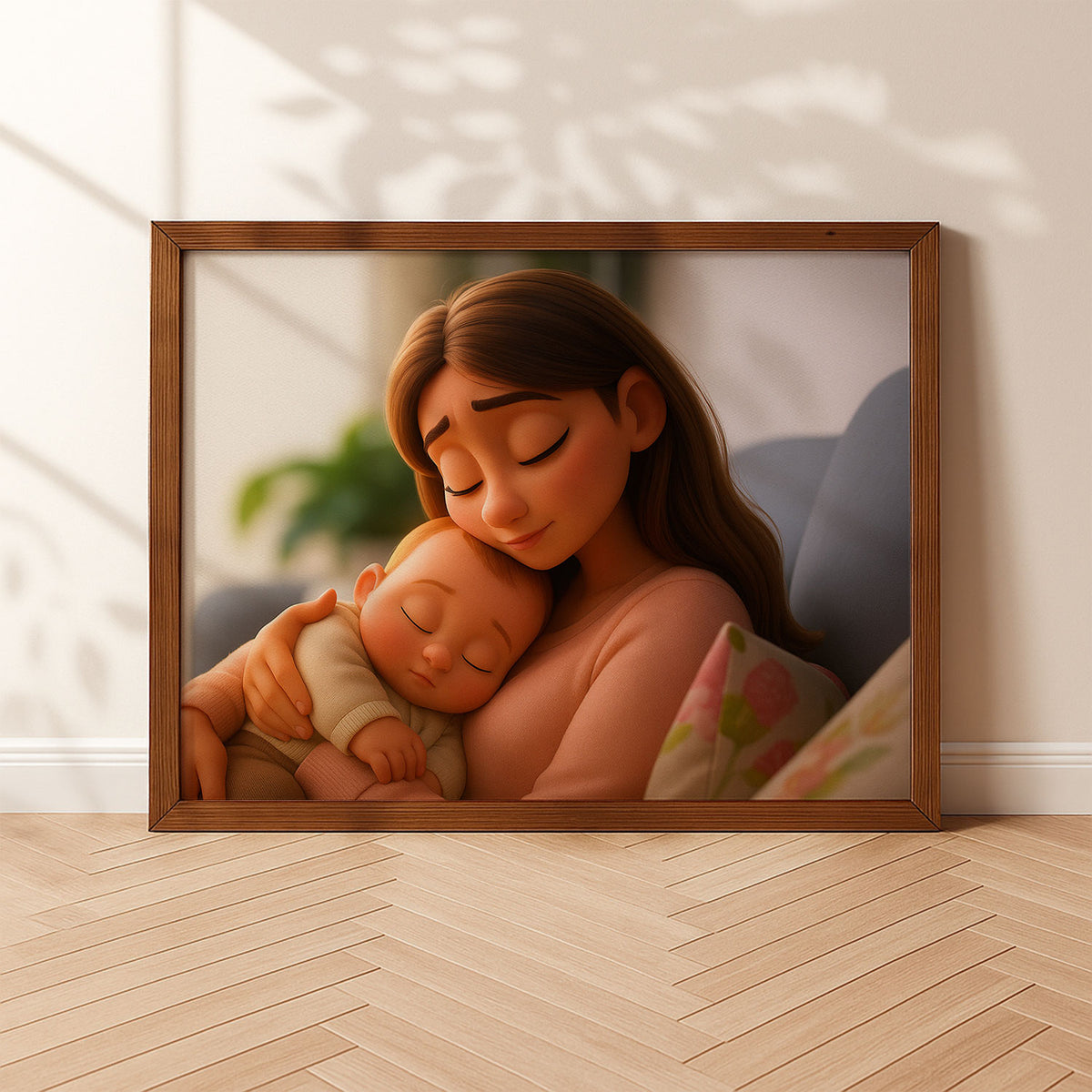 Heartwarming Digital Art of a Mother Embracing Her Sleeping Baby – Cute Cartoon Style Wall Decor for Nursery or Kids’ Room
 - 2