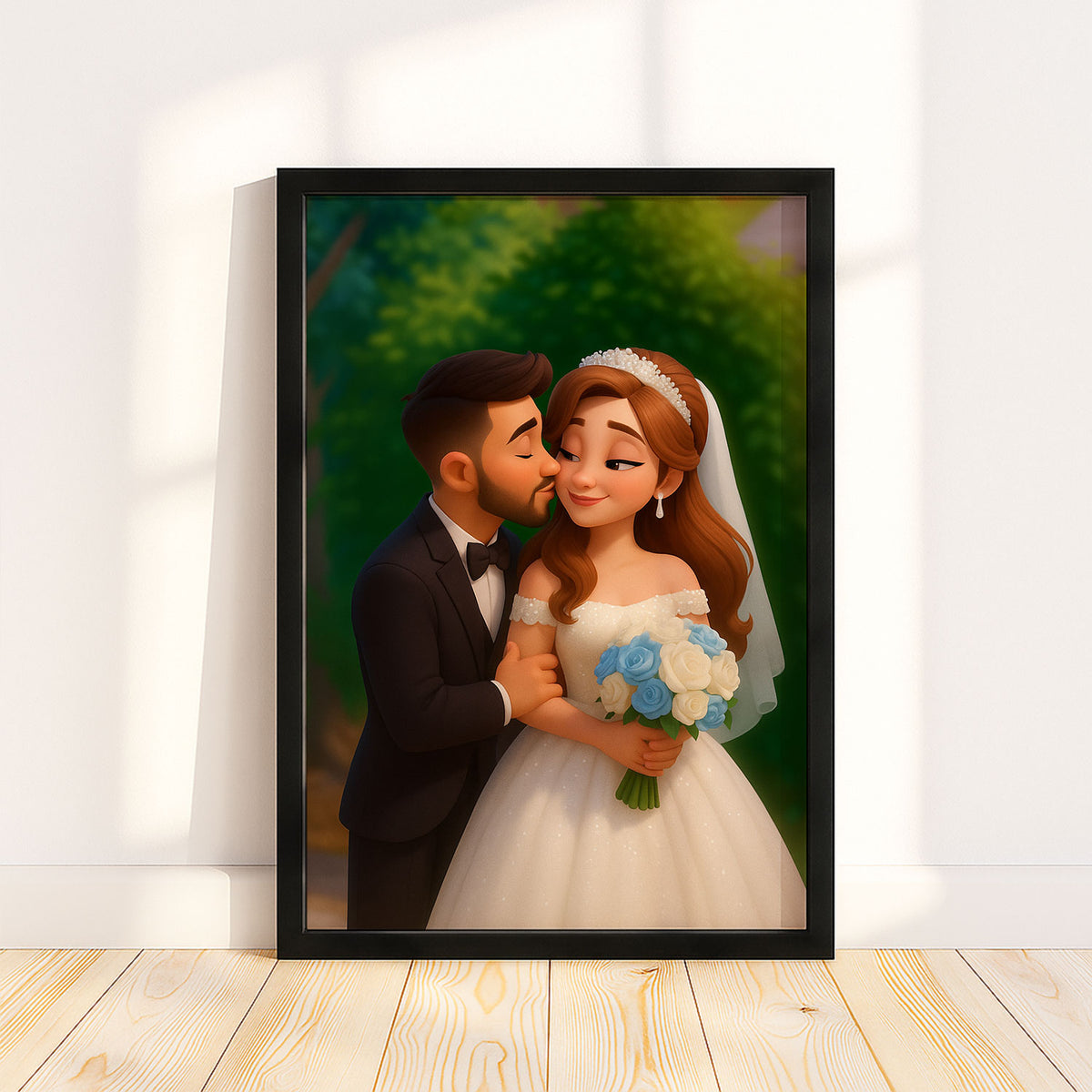 Charming Animated Wedding Portrait: Bride and Groom Embrace in Whimsical Art Style
 - 2