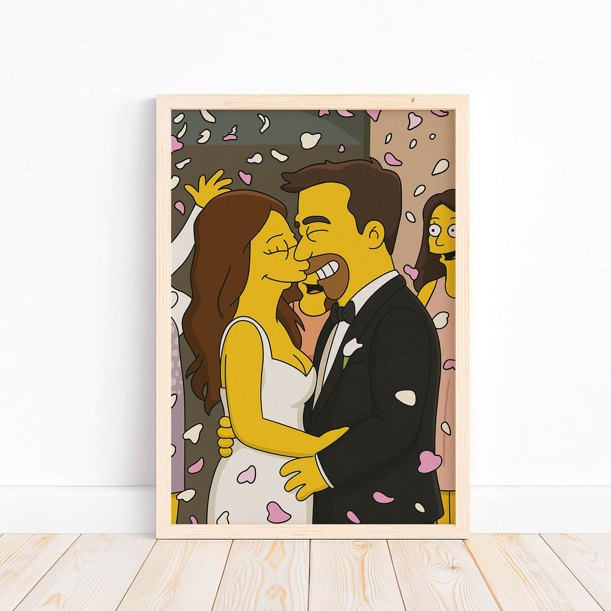 Whimsical Cartoon Wedding Kiss Art Print - Yellow Characters in a Romantic Forest Scene
 - 2