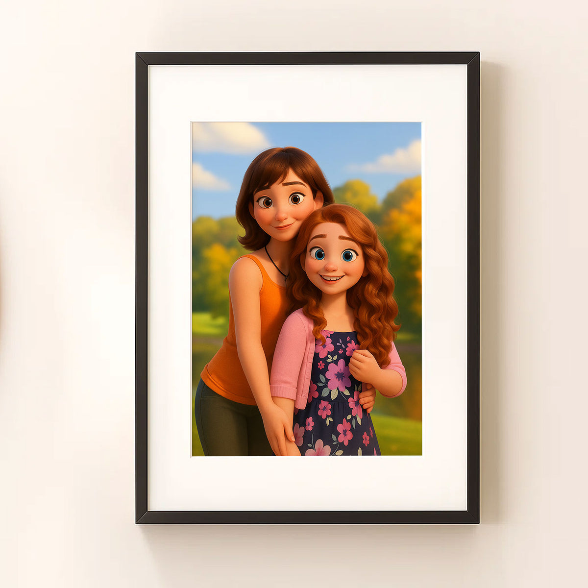 Charming Mother-Daughter Bond: Whimsical Cartoon Art for Family Spaces
 - 2