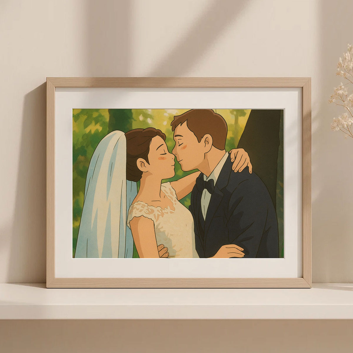 Charming Wedding Portrait Art Print | Romantic Couple in Vibrant Illustration Style
 - 1