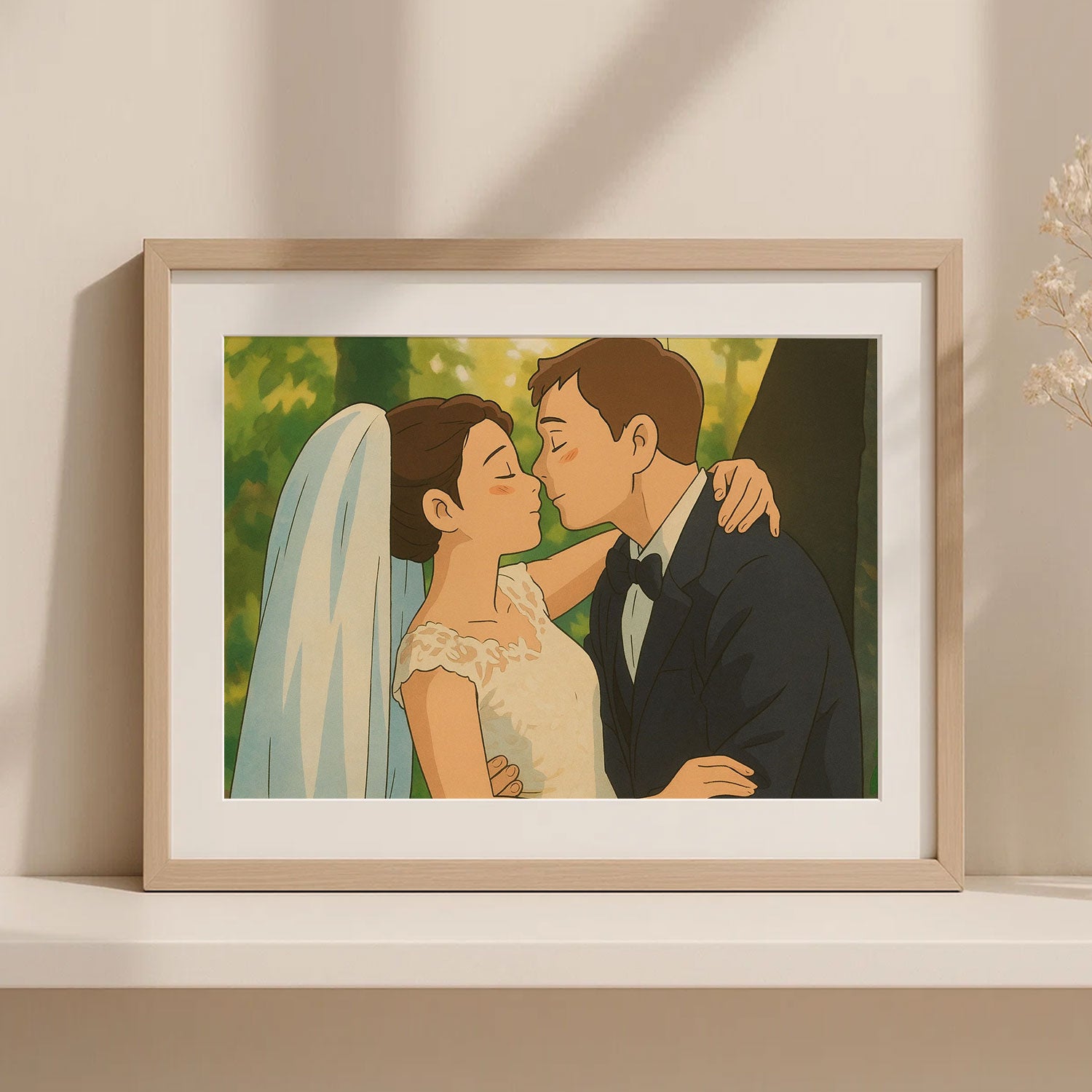 Charming Wedding Portrait Art Print | Romantic Couple in Vibrant Illustration Style
 - 1