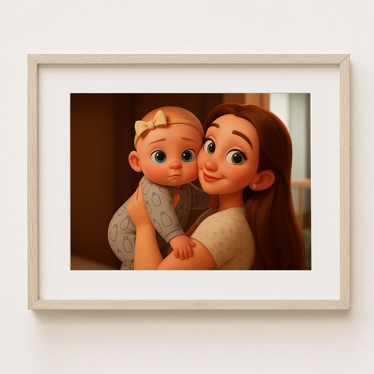 Charming Cartoon Art Print of a Loving Mother and Baby - Heartwarming Home Decor for Family Spaces
 - 2