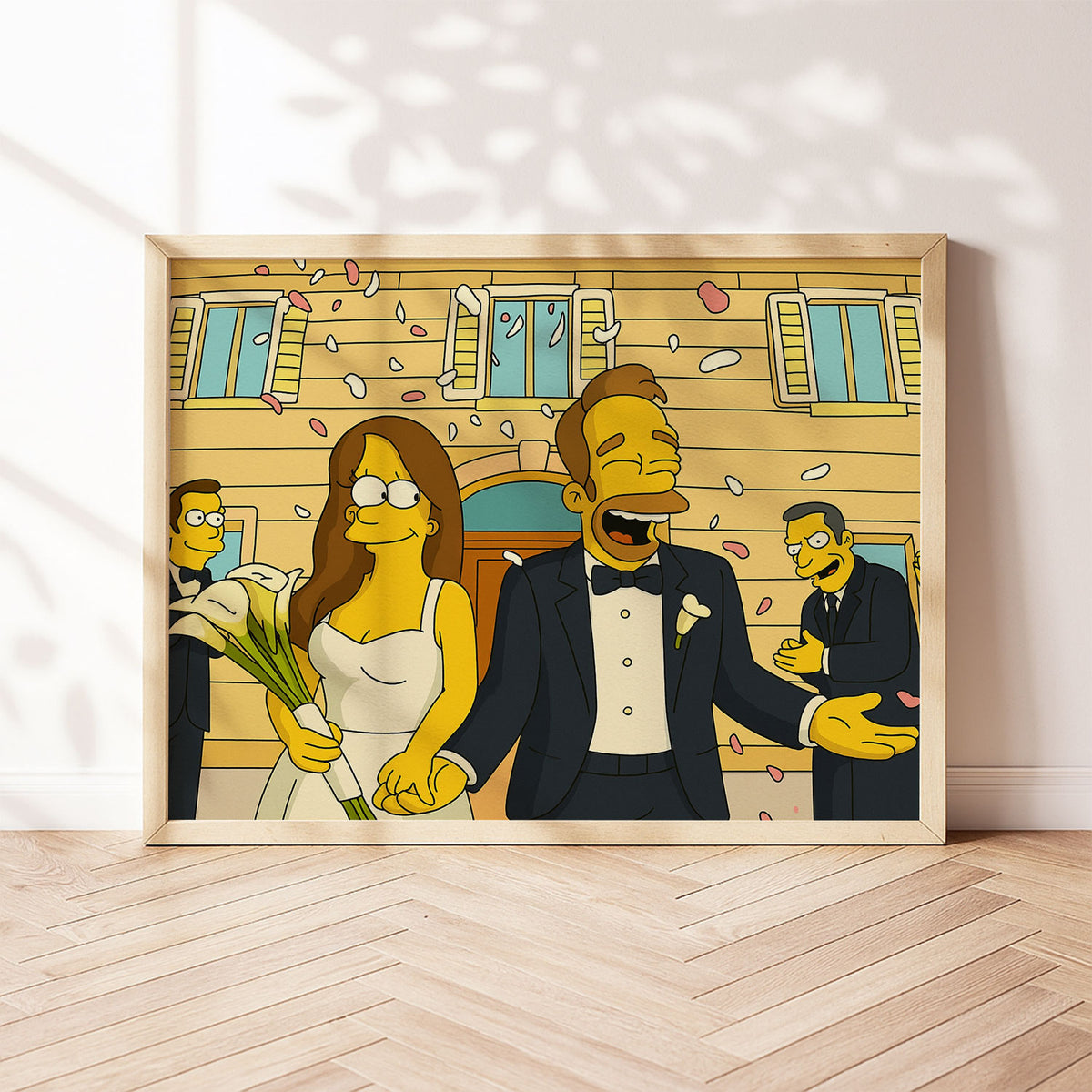Charming Cartoon Wedding Art: Couples in Love with Dandelions - Whimsical Simpsons Style Framed Print
 - 2